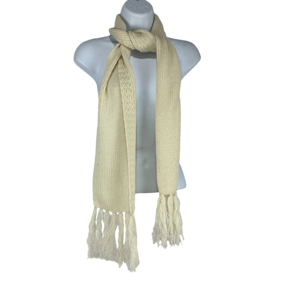 Hand Knit Cream Acrylic Scarf Fringe Textured Pattern Lightweight Winter Wear